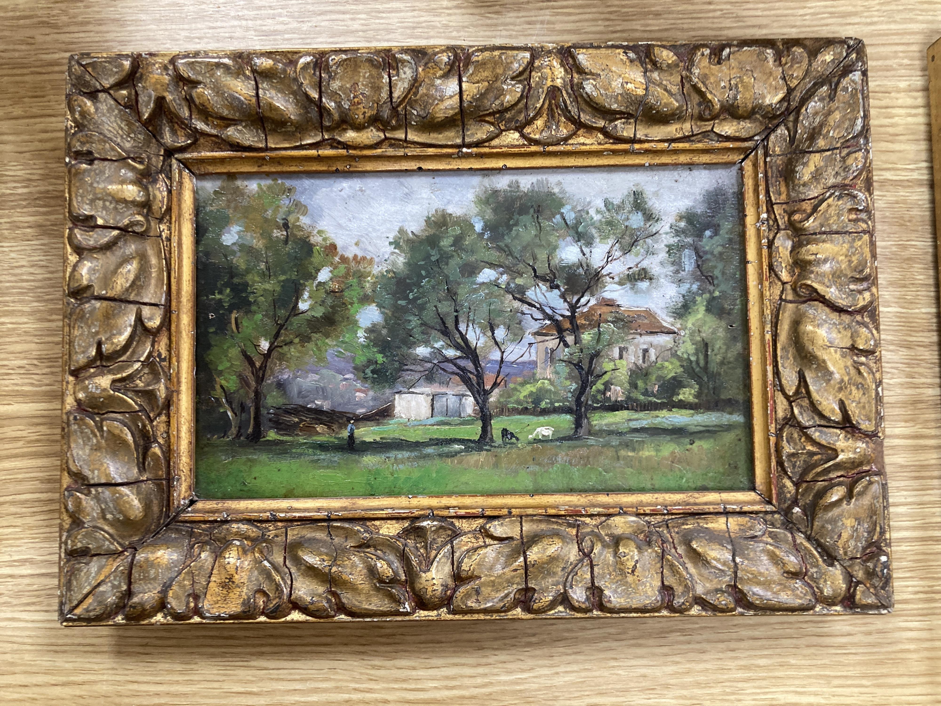 French School, oil on panel, French farm with goats beneath trees, 13 x 23cm